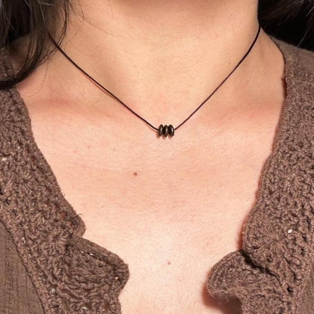 Handmade Czech Bead Choker Necklace Dark Brown Cord Boho Adjustable Earthy